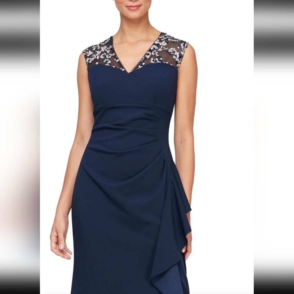 Alex Evenings Navy Dress with Floral Mesh